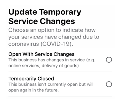 COVID-19 Facebook temporary service update screenshot