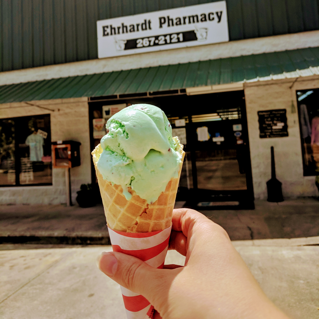 Staff at Ehrhardt Pharmacy serving ice cream curbside