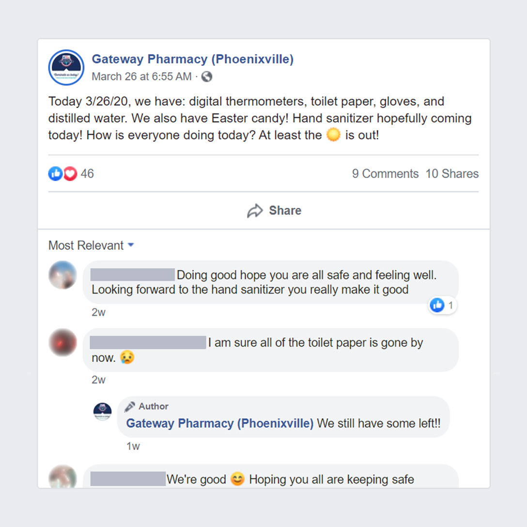 A Facebook update on products in stock at Gateway Pharmacy