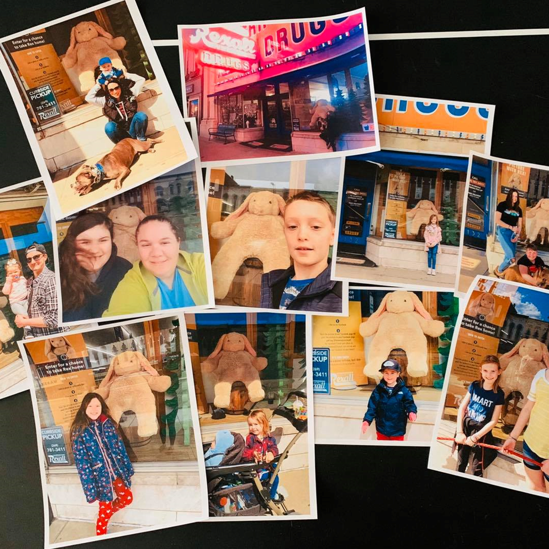 A collage of photos of people posing with Rex the bunny in front of Hemmingsen Drug Store