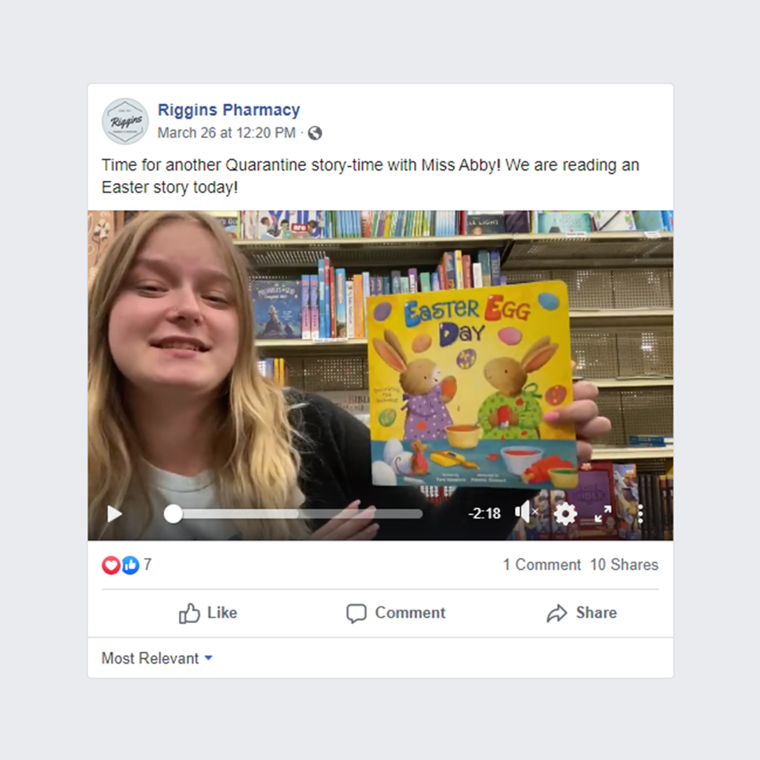 Quarantine story time at Riggins Pharmacy 