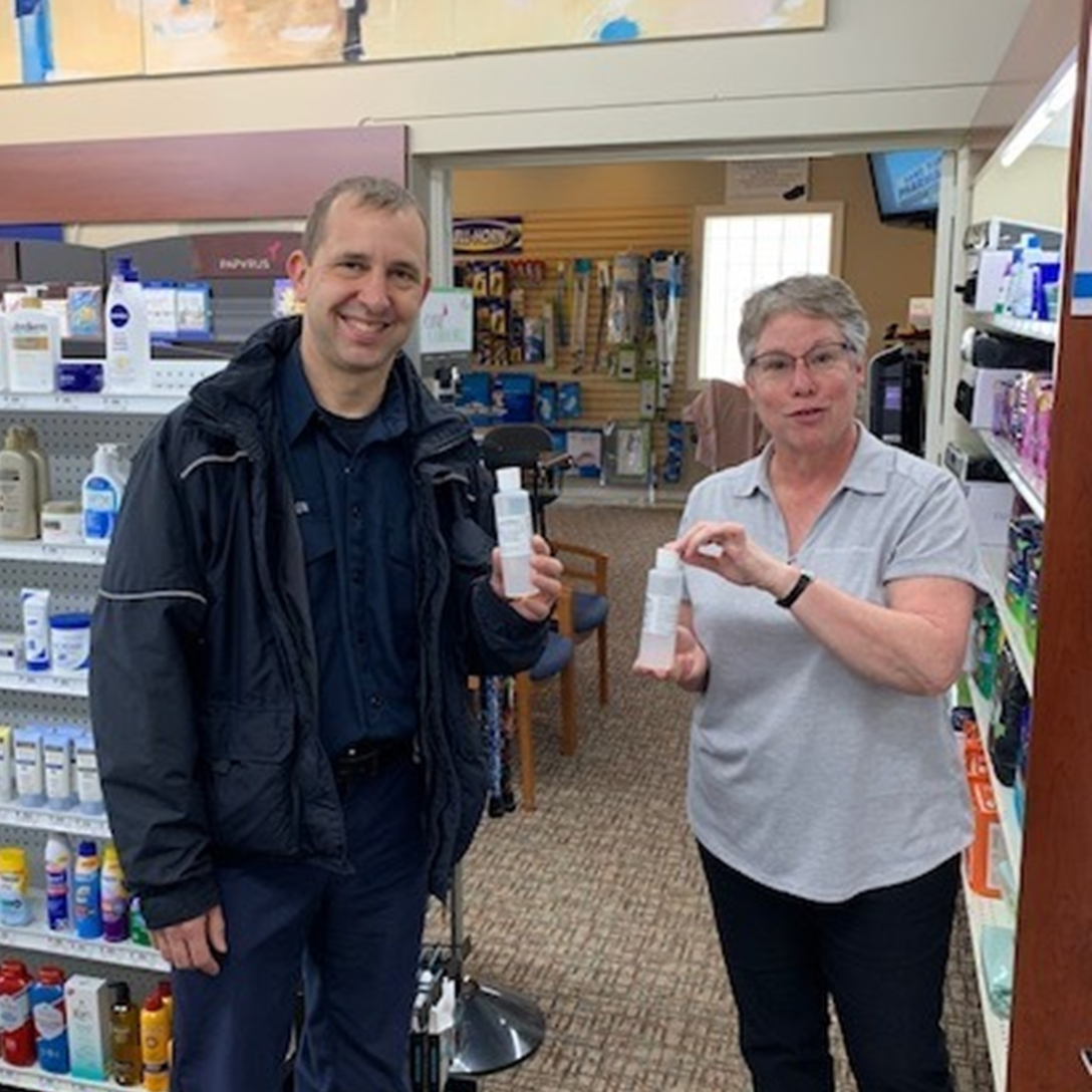 Sand Run Pharmacy donating their compounded hand sanitizer to their local Akron fire department