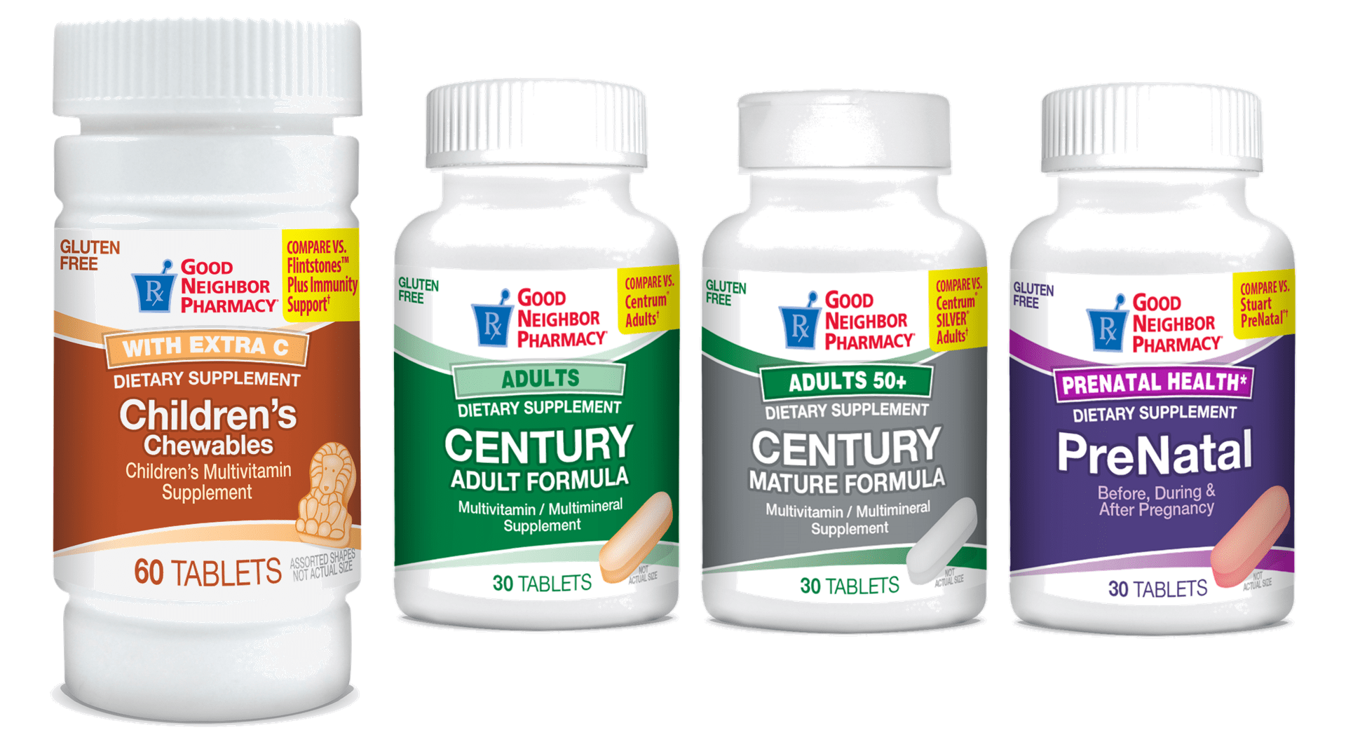 A collection of Good Neighbor Pharmacy private-label multivitamin supplements included in the Free Vitamin Program